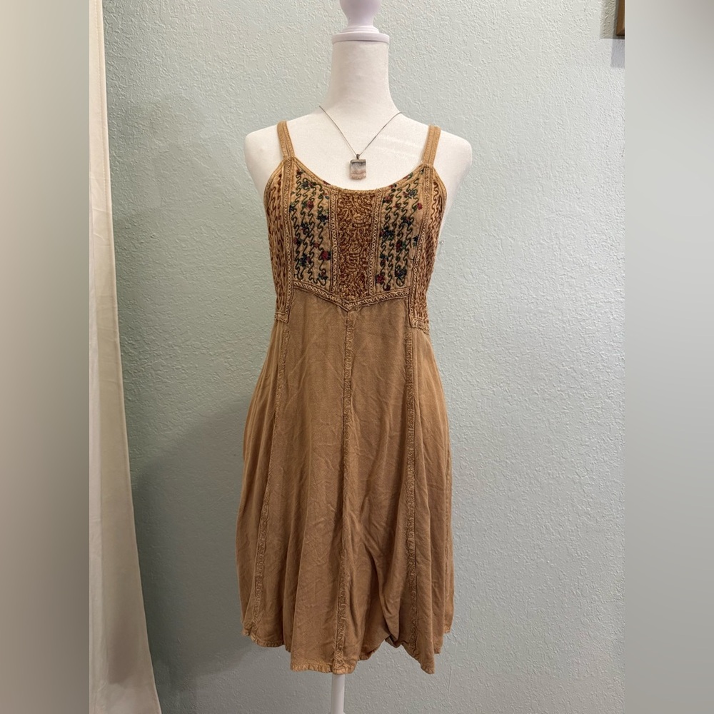 Vintage Cotton Embroidered Tan Dress